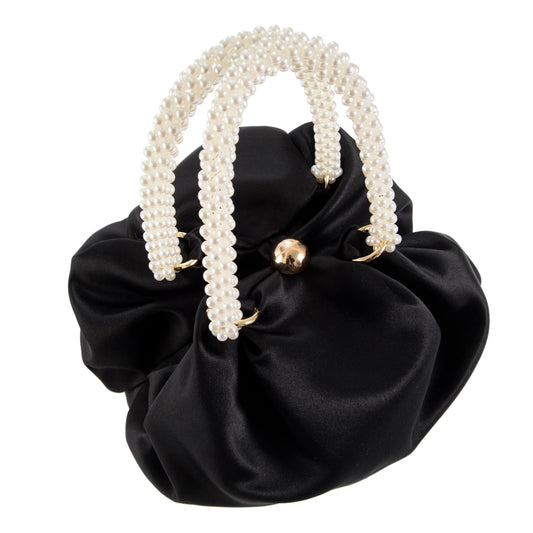 Pearl Handle Black Silk Handbag