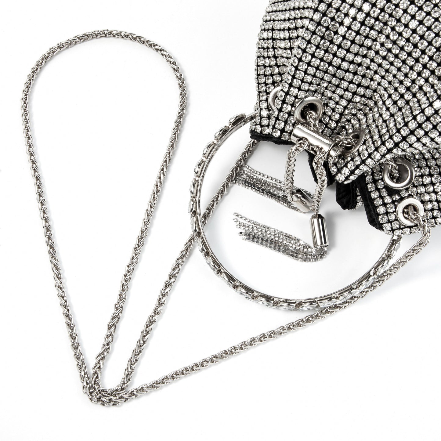 Rhinestone Tassel Silver Bucket