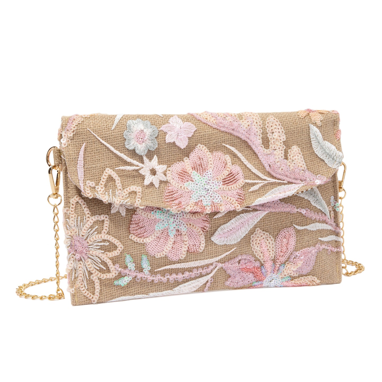 Khaki Embroidered Linen Envelope Bag