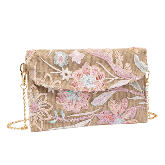 Khaki Embroidered Linen Envelope Bag