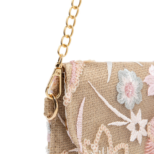 Khaki Embroidered Linen Envelope Bag