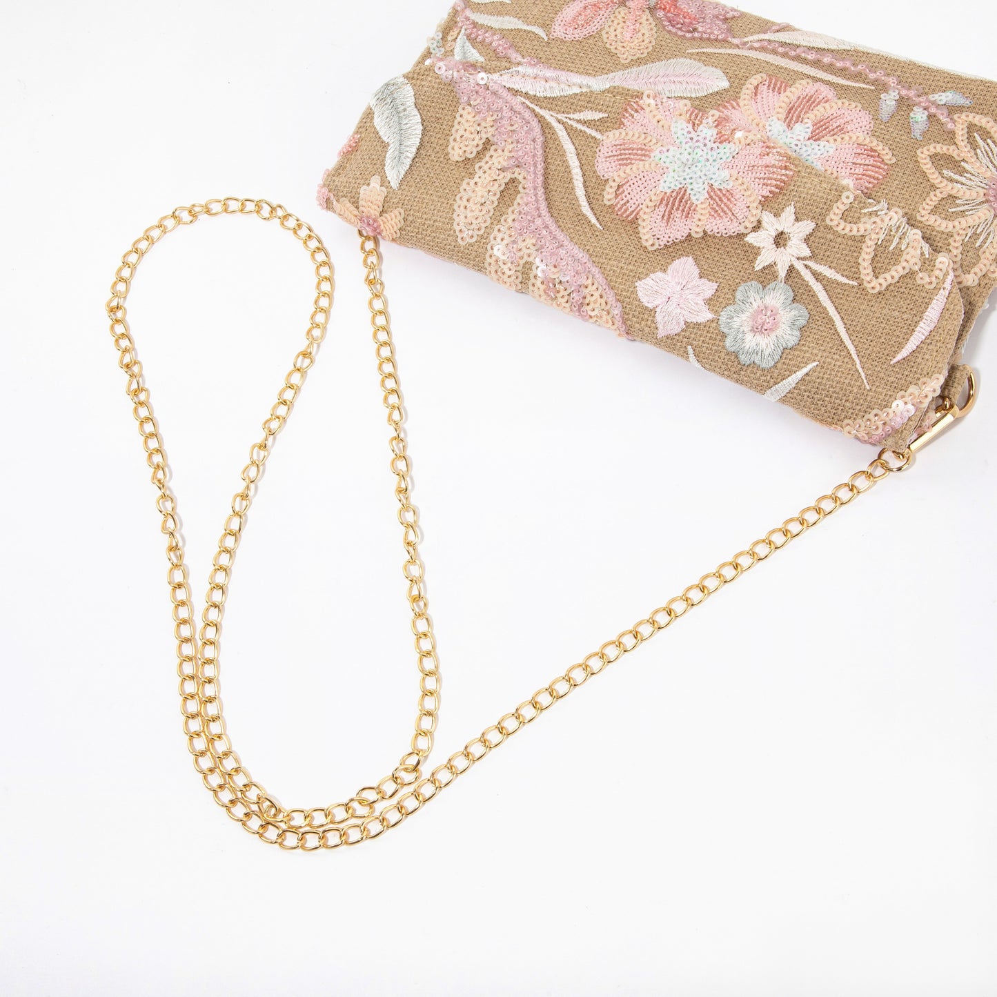Khaki Embroidered Linen Envelope Bag