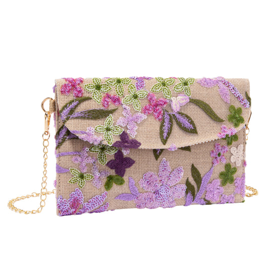 Purple Embroidered Linen Envelope Bag
