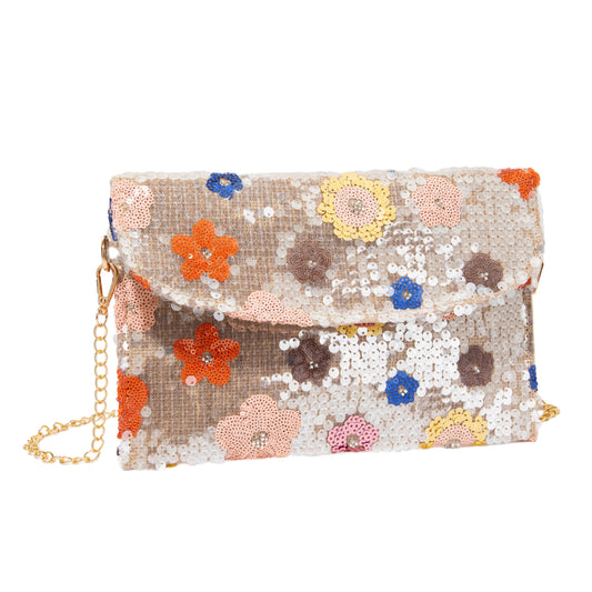 Flower Embroidered Linen Envelope Bag