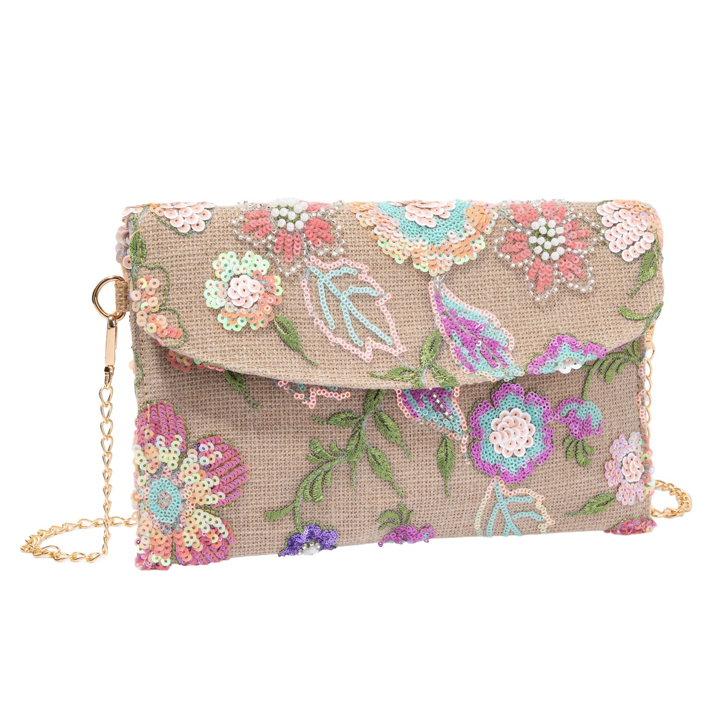 Leaf Embroidered Linen Envelope Bag
