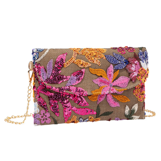 Pink Embroidered Linen Envelope Bag