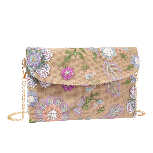 Floral Embroidered Linen Envelope Bag