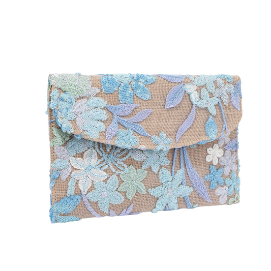 Blue Embroidered Linen Envelope Bag
