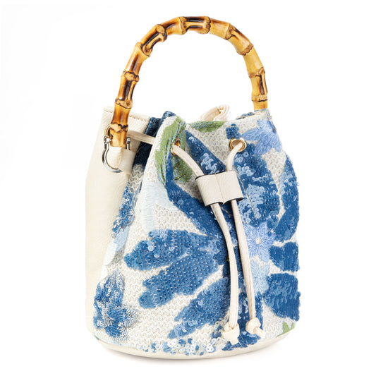 Sequin Blue Floral Embroidered Bucket Bag